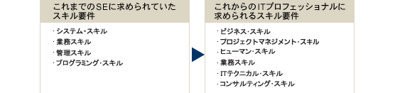 これまでのSEに求められていたスキル要件（システム・スキル、業務スキル、管理スキル、プログラミング・スキル）これからのIT プロフェッショナルに求められるスキル要件（ビジネス・スキル、プロジェクトマネジメント・スキル、ヒューマン・スキル、業務スキル、IT テクニカル・スキル、コンサルティング・スキル）